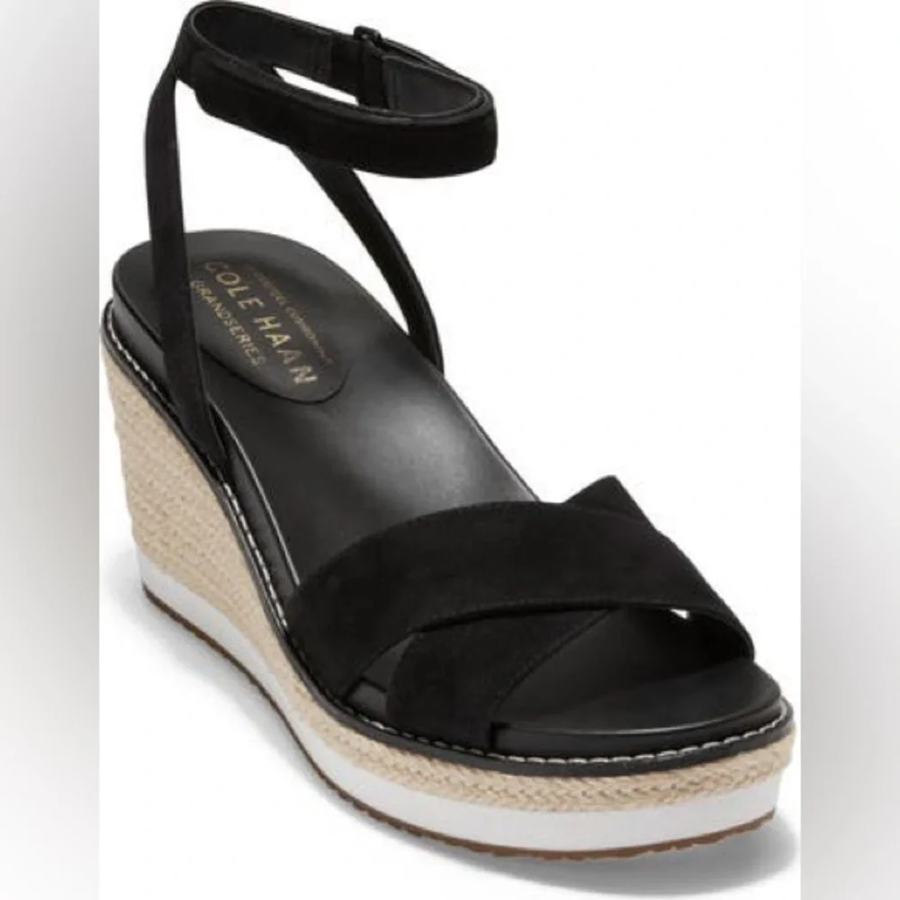 Cole Haan Cloudfeel Espadrille Black Suede Wedge Sandal Size 8 B NIB